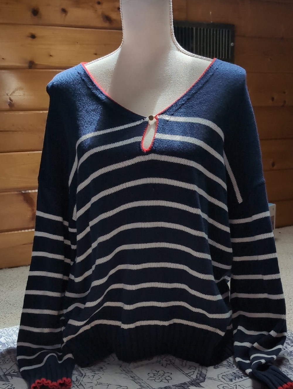 Colour Eighteen Navy Striped V-Neck Cotton Sweater with Red Trim Size Medium